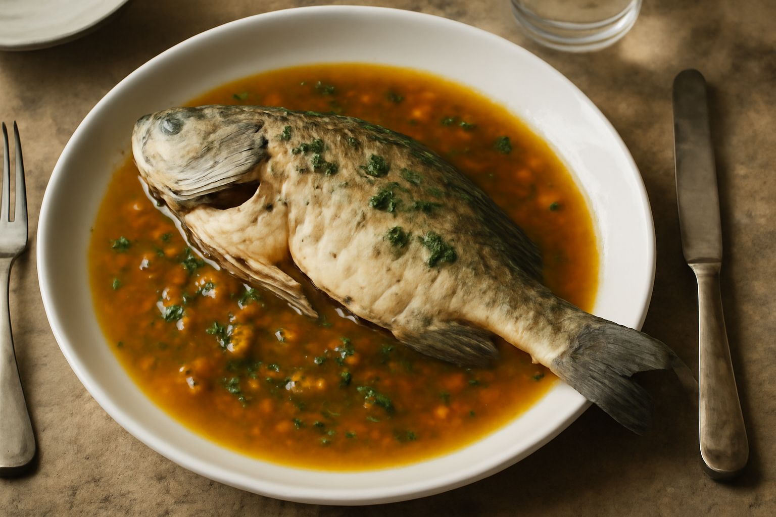 Pesce d'acqua dolce brasato in una zuppiera bianca, con carni bianche e tenere, contornato da carote tagliate a rondelle, sedano e cipolla ammorbiditi nel brodo scuro, guarnito con prezzemolo fresco. 