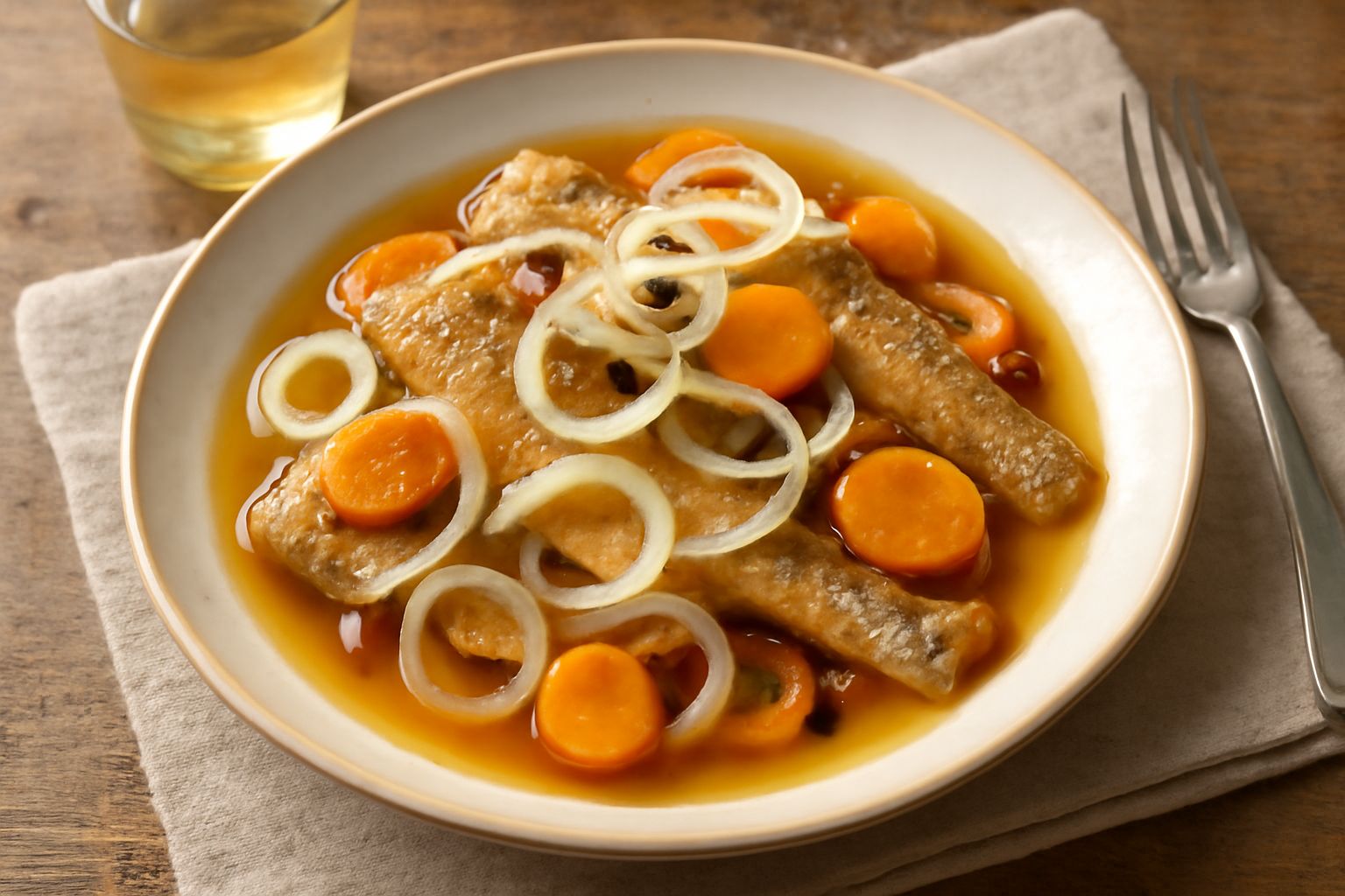 Filetti di trota dorata in carpione su piatto bianco, coperti di marinatura ambrata con cipolla tagliata sottile, carota affettata e foglia di alloro, con aceto brillante visibile nel fondo