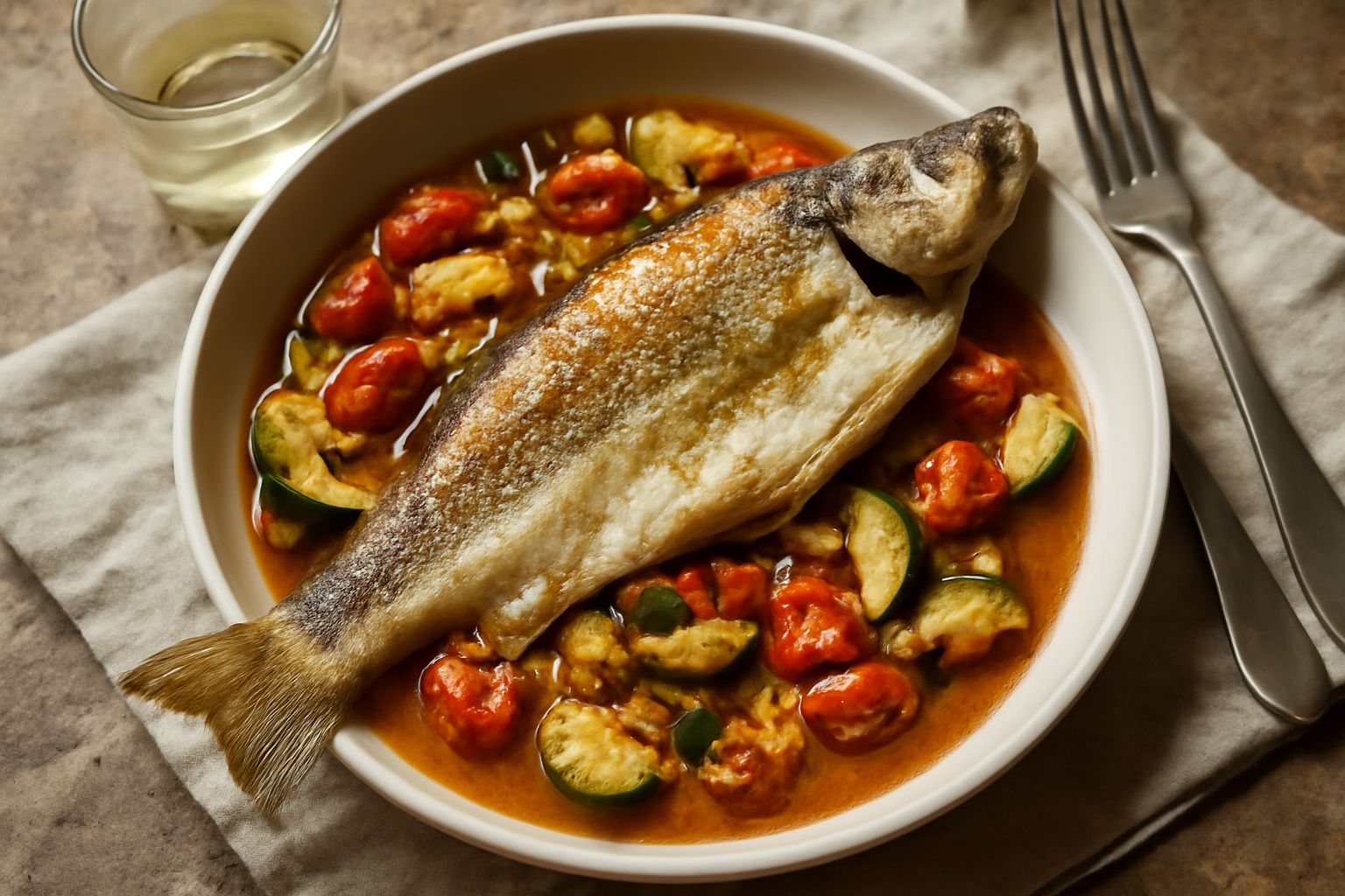 Tegame in terracotta con pesce d'acqua dolce intero cucinato circondato da pomodori rossi, zucchine verdi, cipolla bianca e olio d'oliva, con erbe aromatiche sparse e fumo leggero dal caldo della cott