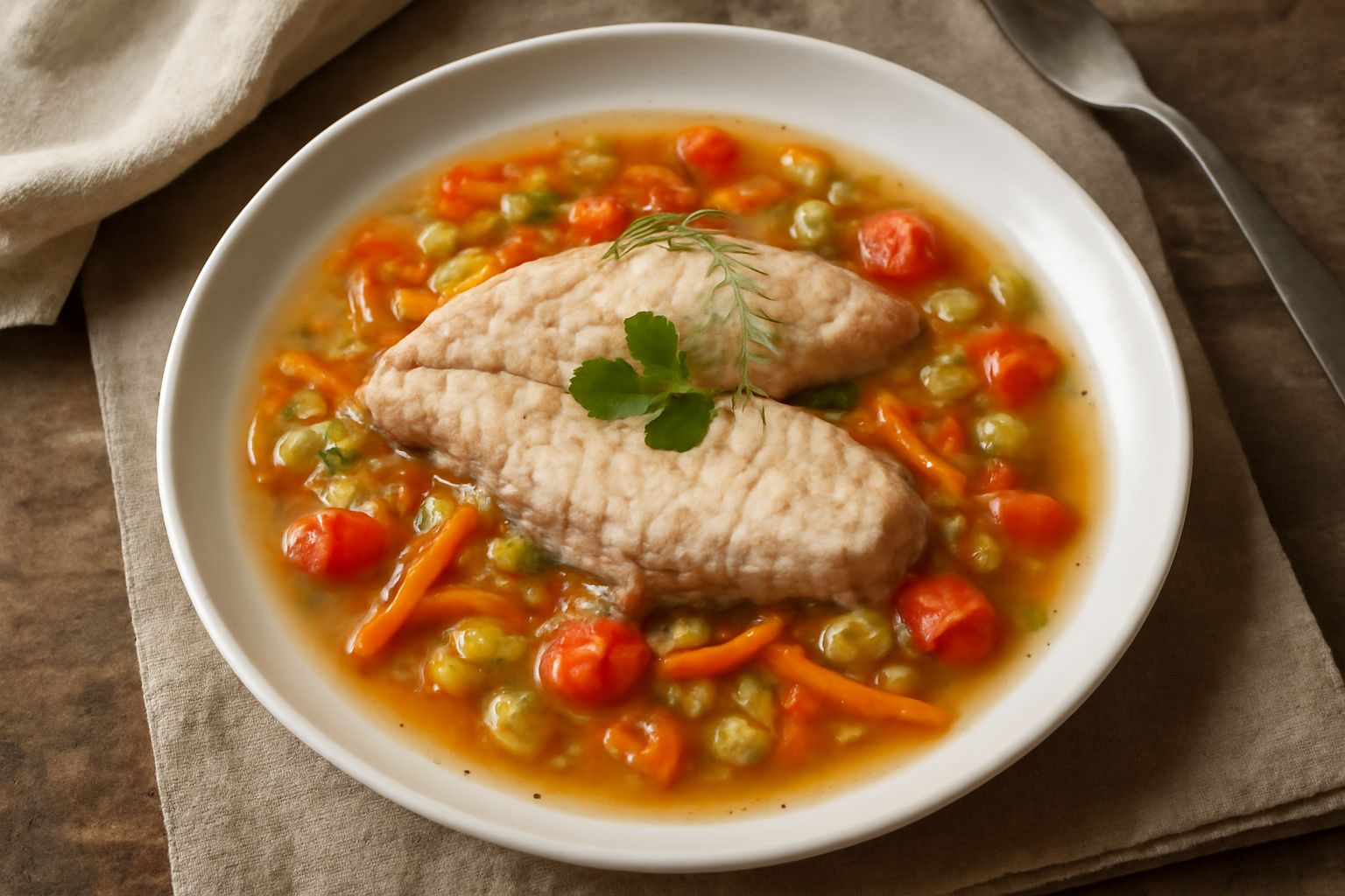 Filetto di trota rosato in umido nel piatto bianco con verdure soffritte, salsa trasparente ambrata, contorno di carote e sedano, guarnito con prezzemolo fresco