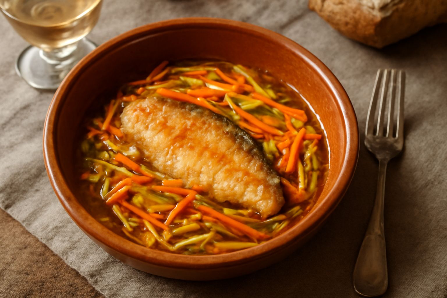 Filetto di trota cotto in umido, circondato da carote tagliate a julienne, sedano e cipolle dorate, in una casseruola di terracotta grigia con un leggero sugo chiaro e prezzemolo fresco tritato in sup