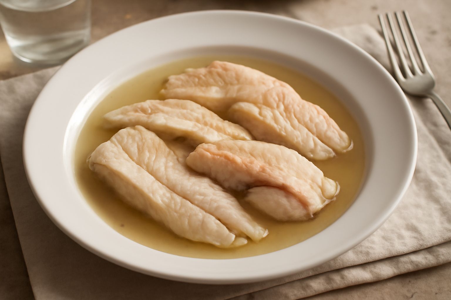 Un piatto bianco con pesce di scoglio bollito, filetti rosati e teneri, circondato da brodo chiaro e caldo, con spicchi di limone fresco e prezzemolo tritato