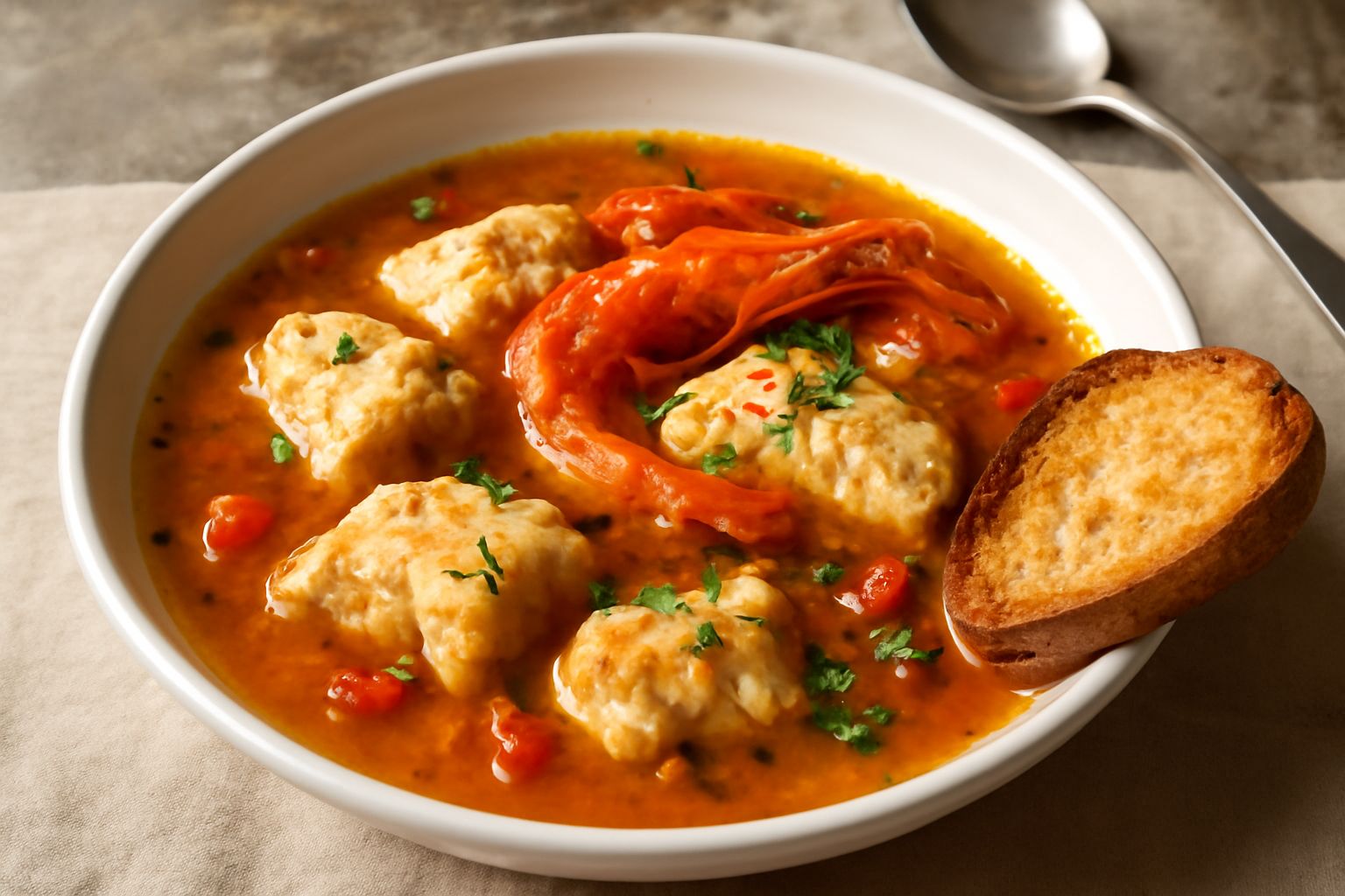 Brodetto di pesce di scoglio in ciotola fonda bianca con pezzi di pesce bianco, pomodoro, prezzemolo fresco e brodo trasparente ambrato, servito con fette di pane tostato