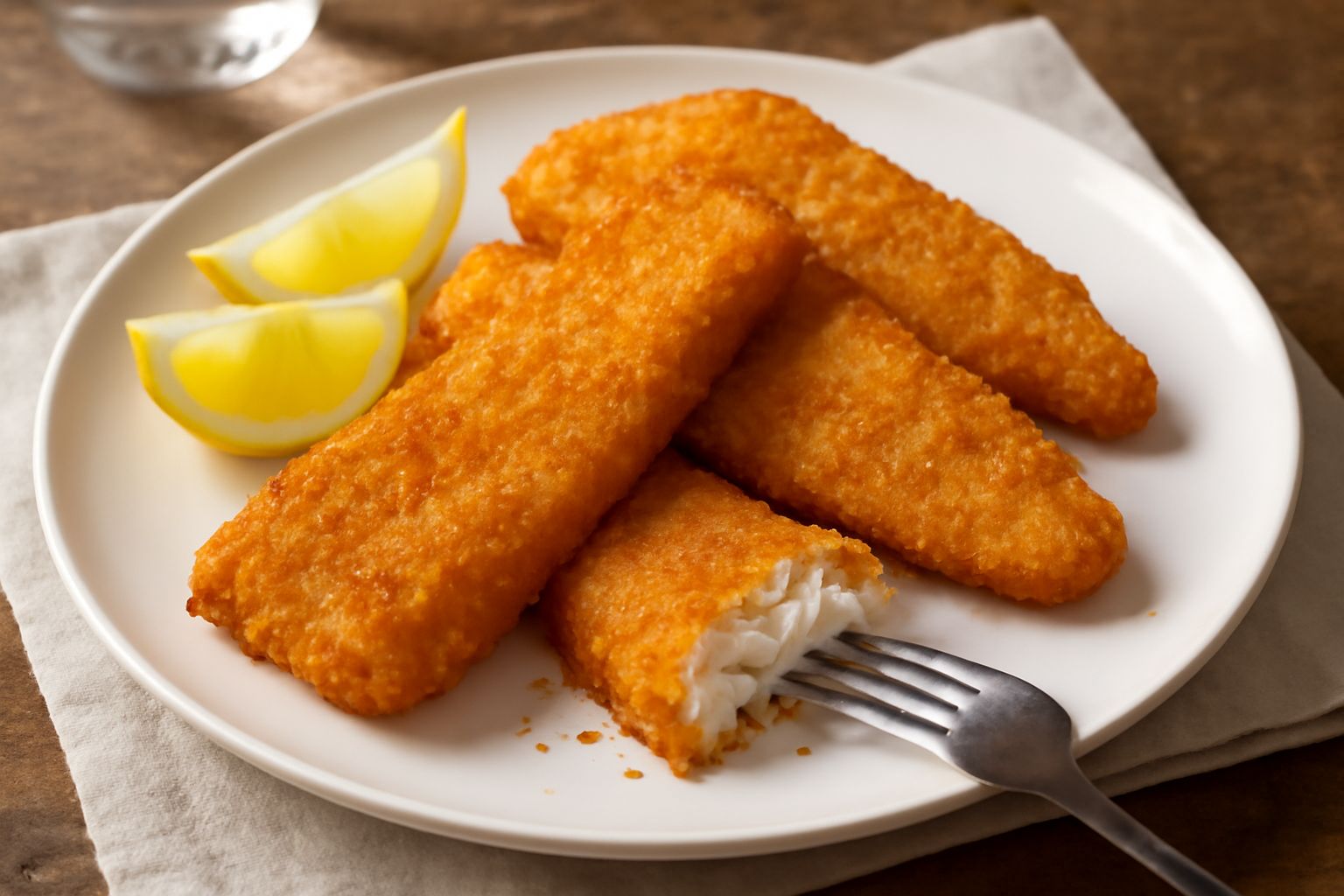 Filetti di pesce fritti dorati e croccanti su carta assorbente bianca, con limone fresco a spicchi e prezzemolo verde accanto, vapore leggero ancora visibile