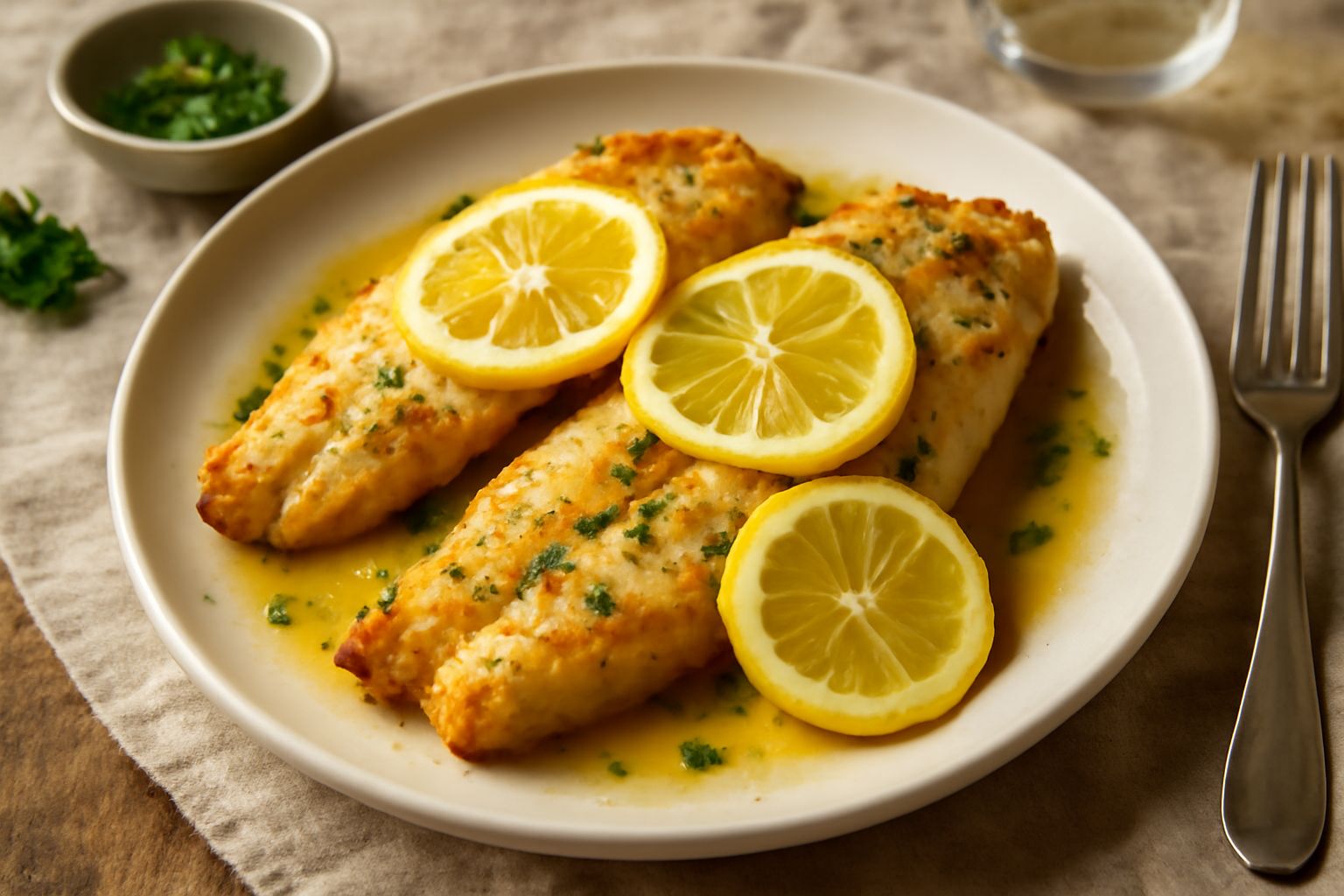 Filetti di pesce gatto dorati al forno su un piatto bianco, conditi con limone fresco, prezzemolo verde e olio extravergine di oliva.