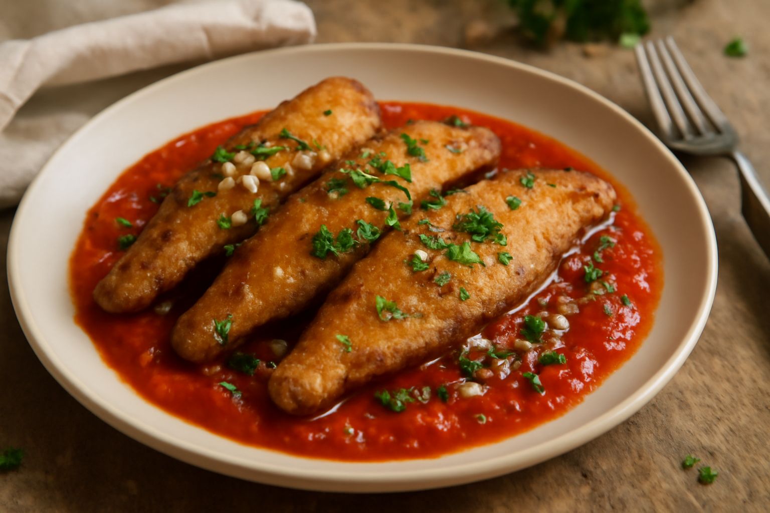 Filetti di pesce gatto dorati fritti in un piatto bianco, ricoperti di salsa di pomodoro rosso brillante con aglio tritato fine e prezzemolo verde, contornati da limone a spicchi