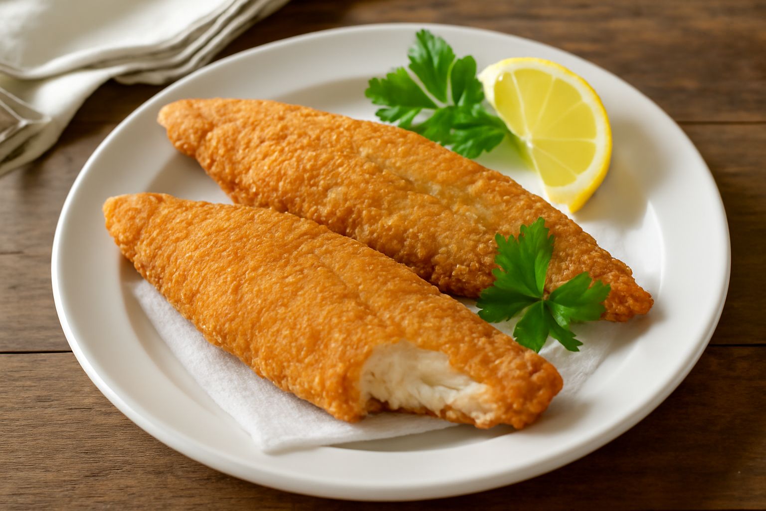 Filetti di pesce gatto fritti e dorati disposti nel piatto bianco, con panatura croccante visibile, accompagnati da spicchi di limone fresco e prezzemolo verde