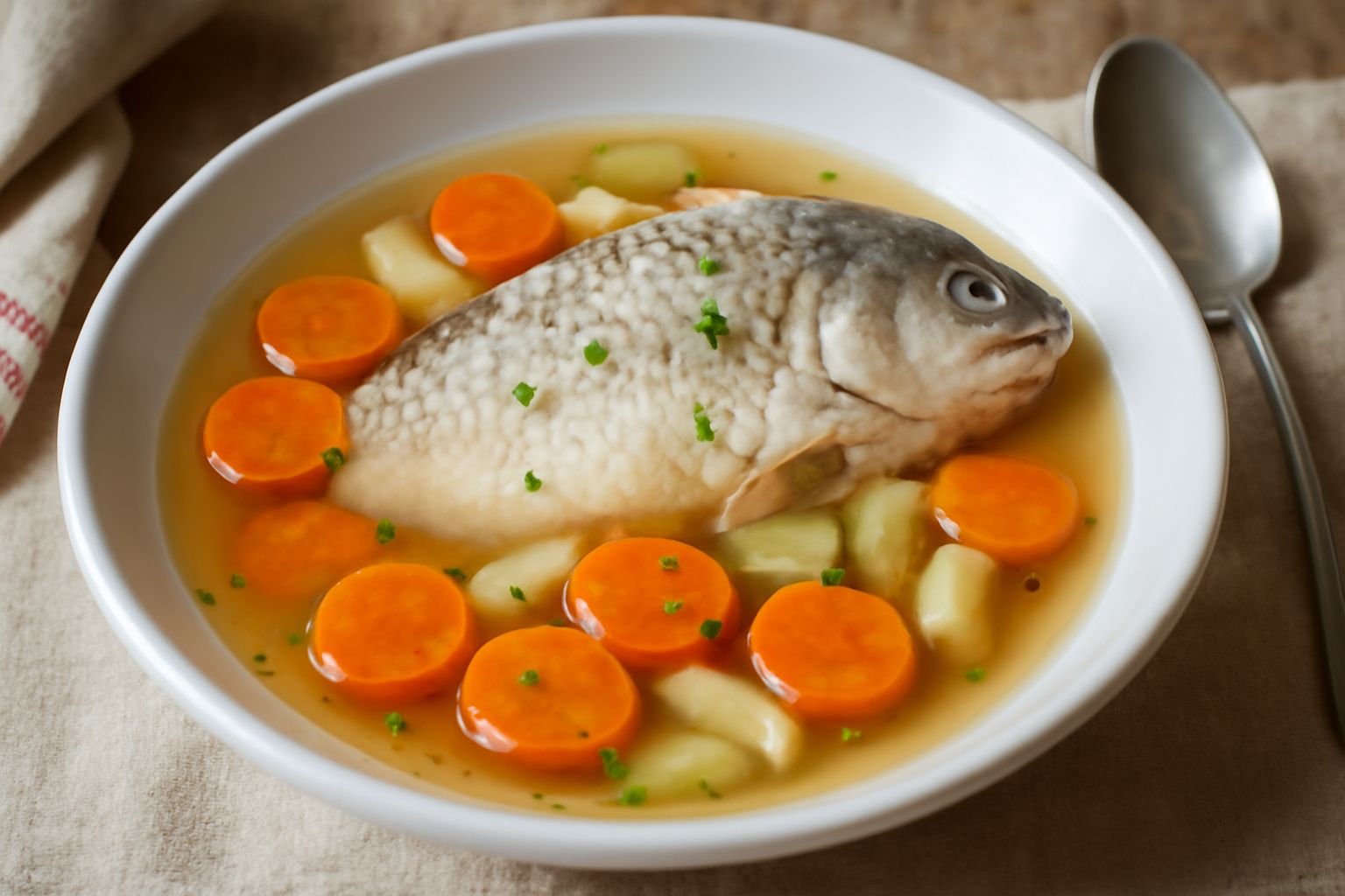 Una ciotola di terracotta con pesce gatto intero e filetti immersi in brodo chiaro, con carote tagliate a rondelle, sedano e prezzemolo fresco sulla superficie, servito con pane tostato ai lati