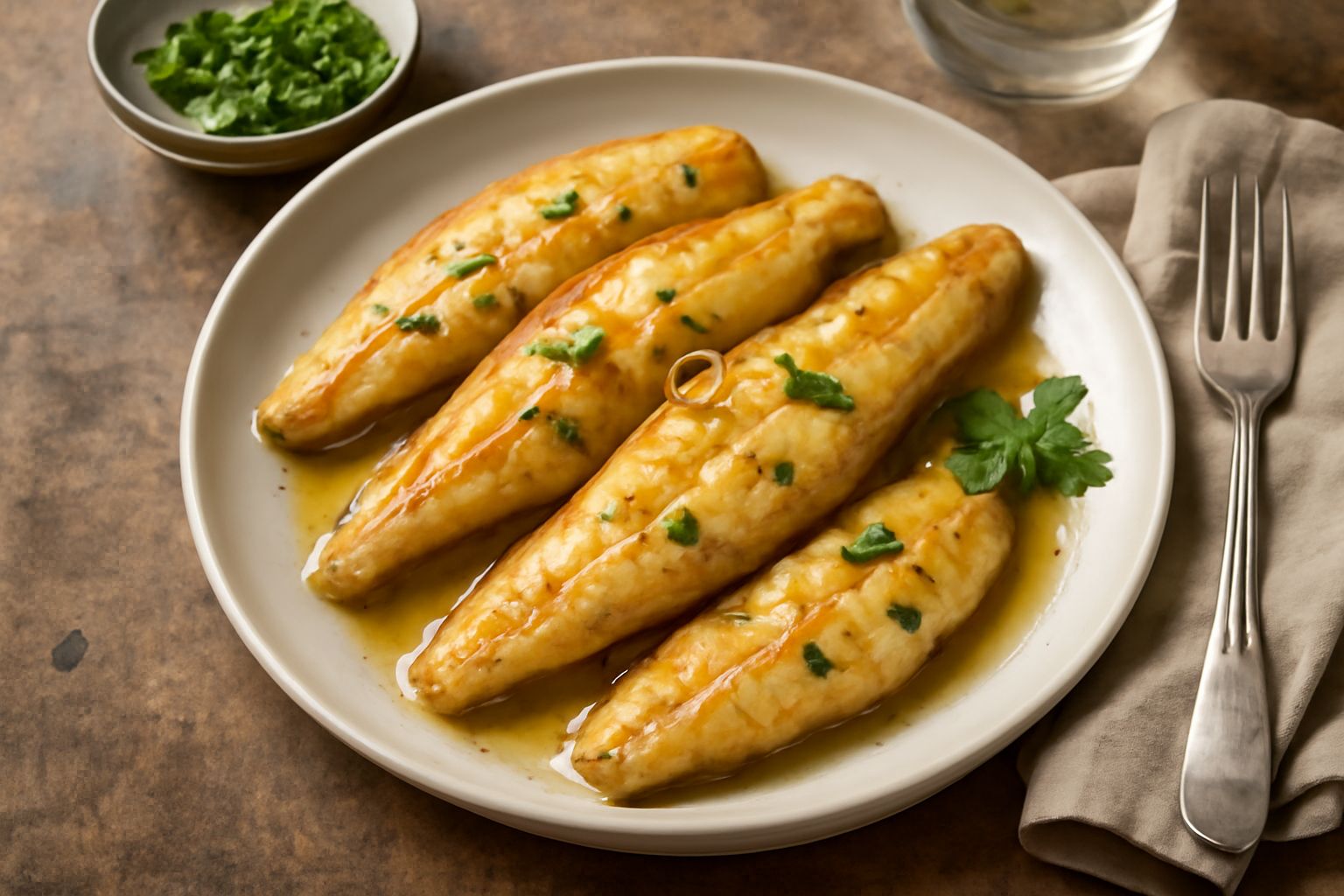 Filetti di pesce gatto dorati in padella con olio d'oliva, aglio affettato e prezzemolo fresco, limone a spicchi sul bordo, piatto bianco