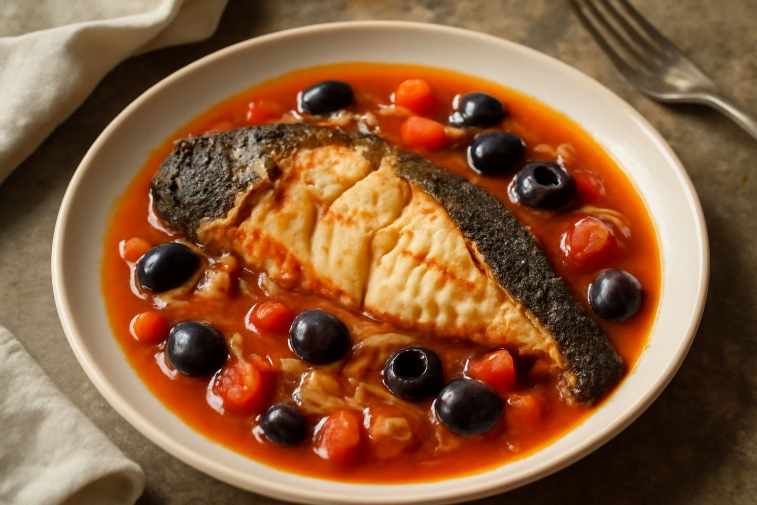 Pesce gatto intero in umido su piatto bianco, ricoperto di sugo rosso al pomodoro con olive nere, cipolla morbida visibile intorno, prezzemolo fresco sopra, vapore ancora caldo