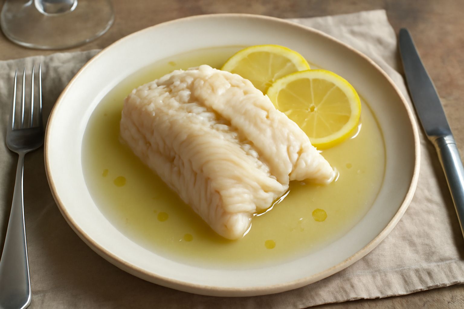 Filetto di branzino cotto in bianco nel piatto bianco, con fette di limone, prezzemolo fresco verde e una leggera trasparenza dei liquidi di cottura