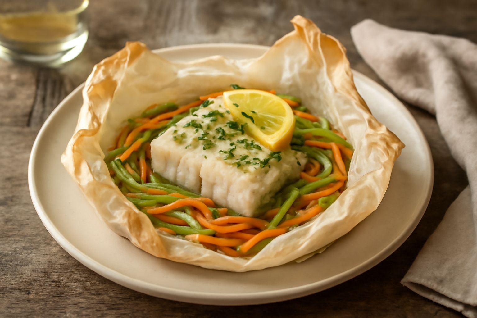 Filetto di pesce bianco intero su letto di verdure julienne dentro cartoccio di carta forno, aromatizzato con limone e prezzemolo fresco, servito su piatto bianco