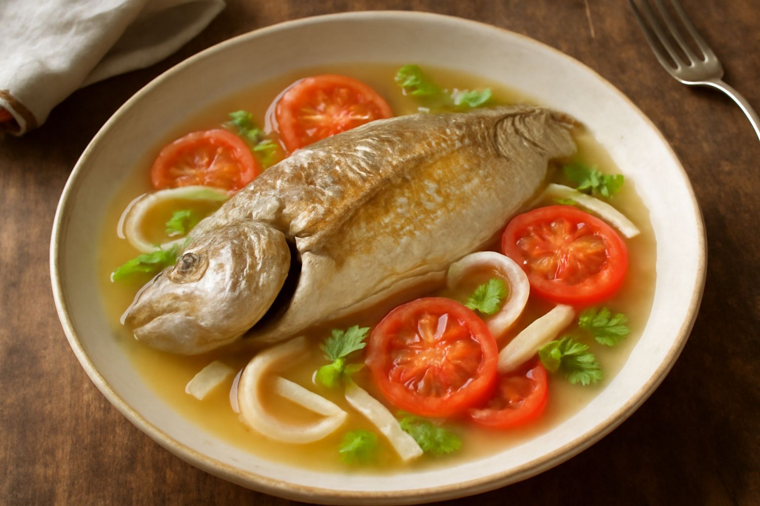 Pesce intero cotto in pignata di terracotta, circondato da cipolla, pomodoro, sedano e prezzemolo fresco, brodo trasparente che lo ricopre, pepe nero visibile in superficie