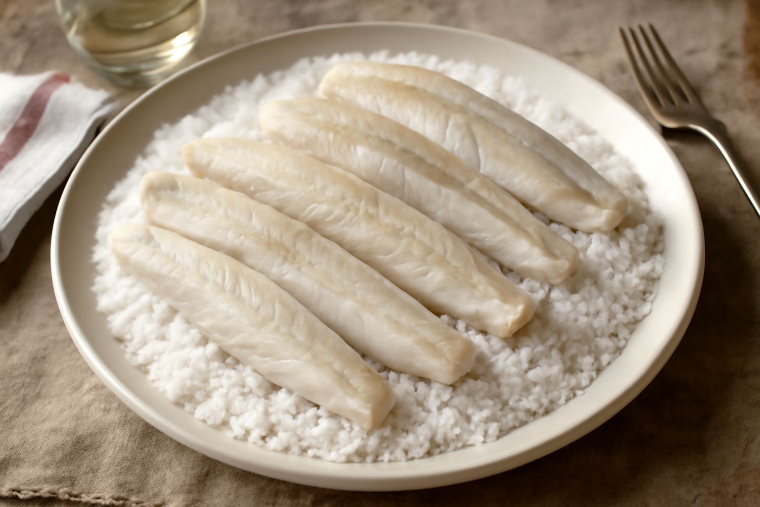 Filetti di pesce bianco coperto da cristalli di sale grosso in un vasetto di vetro, accanto limone tagliato a fette e rametti di alloro