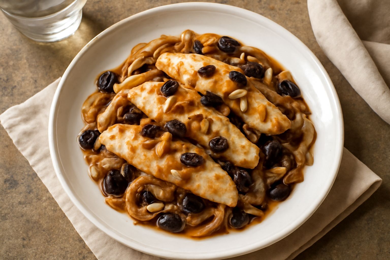 Filetti di pesce bianco disposti in un piatto bianco, ricoperti da cipolle dorate caramellate, uvetta scura e pinoli tostati, con una spruzzata di aceto balsamico lucido e fresco prezzemolo verde.