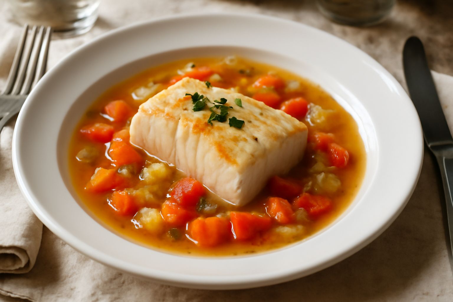 Filetto di pesce bianco con salsa dorate in piatto fondo bianco, circondato da carote, sedano e pomodorini, vapore che sale dal piatto