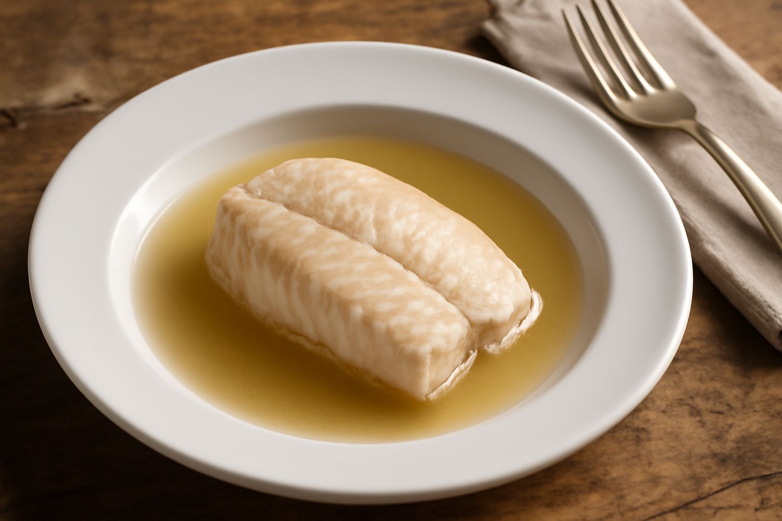 Filetto di branzino lesso bianco e compatto nel piatto, circondato da brodo trasparente con fette di limone, prezzemolo fresco e olio a crudo, accanto verdure cotte morbide