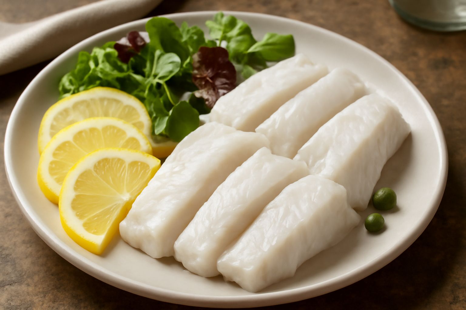 Filetto di pesce bianco lessato su un piatto bianco, disposto con limone a fette, insalata mista fresca e un filo di olio extravergine di oliva