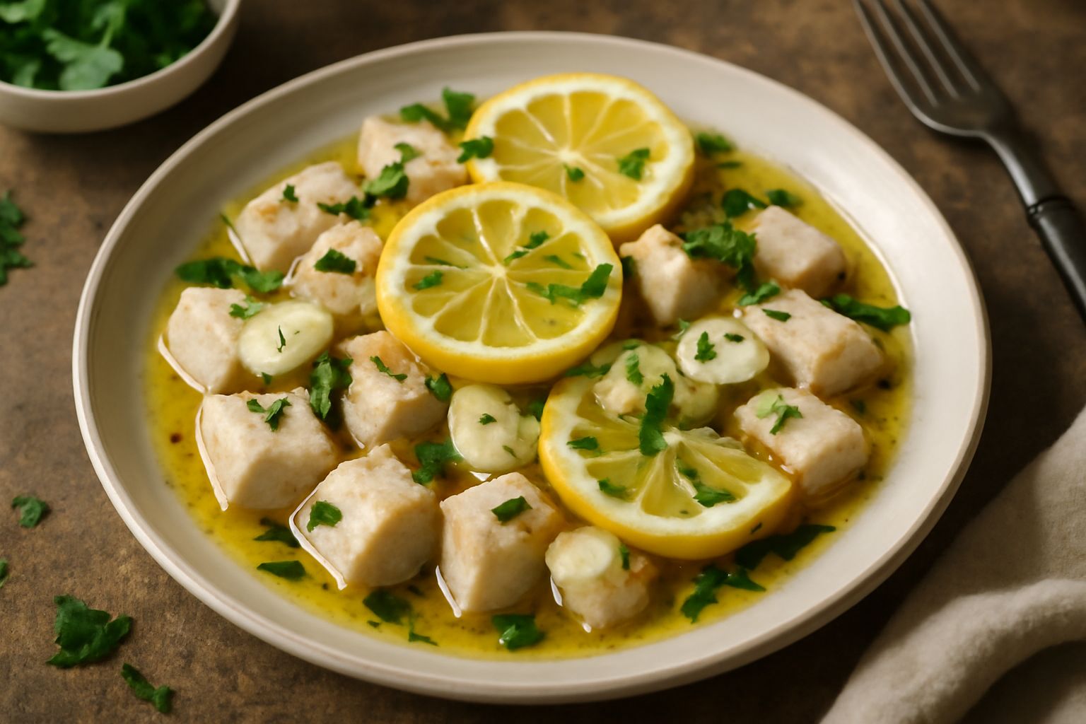 Filetti di pesce bianco marinato in piatto bianco, con fette di limone giallo, gocce di olio trasparente, aglio affettato e prezzemolo verde fresco sparso sopra