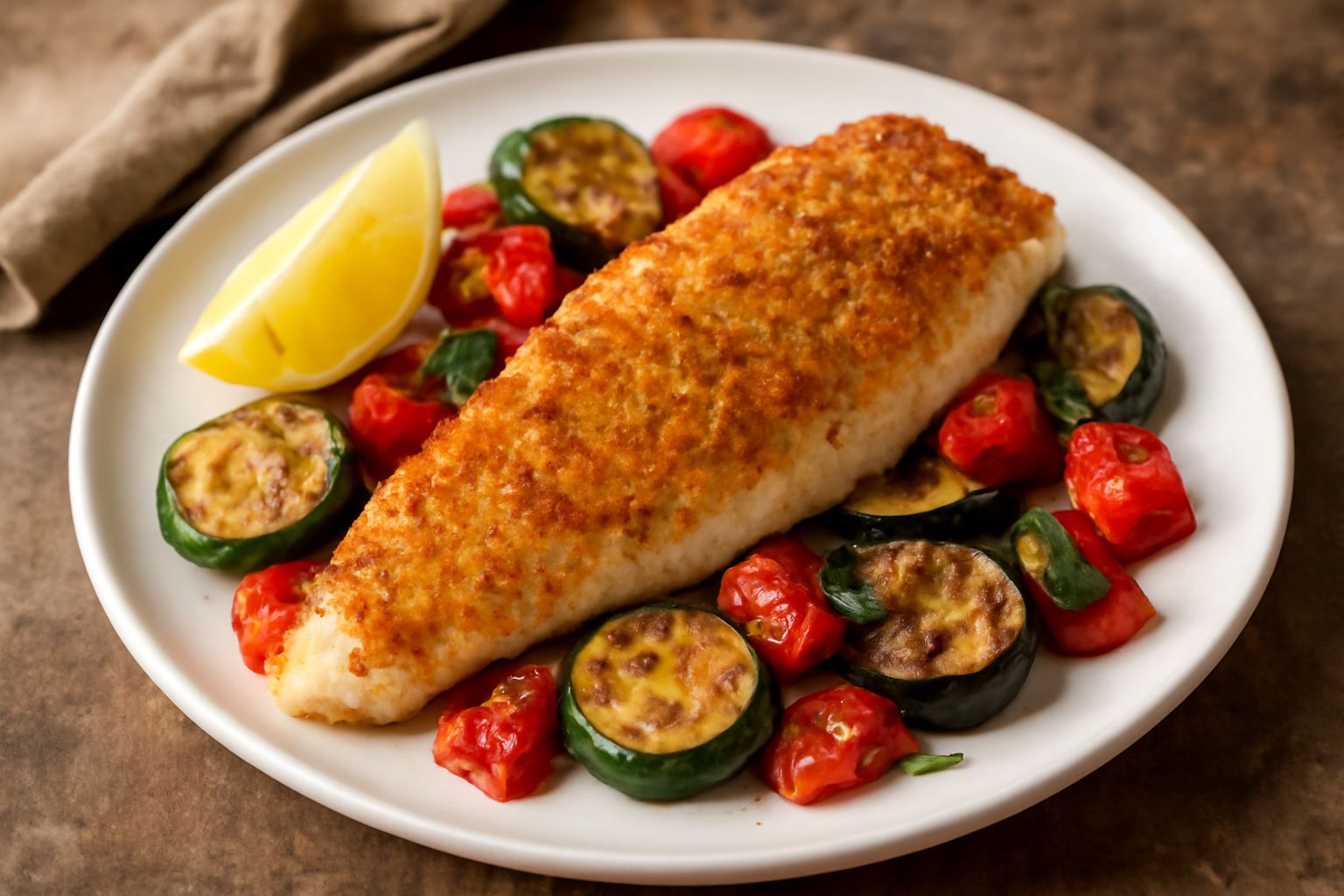 Filetti di pesce persico panati e dorati nel piatto bianco, con limone affettato, accompagnati da verdure grigliate e un contorno di spinaci freschi
