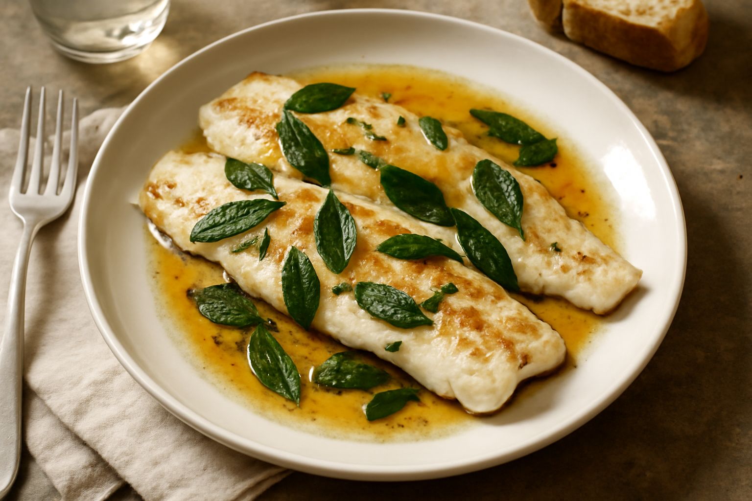Filetto di pesce persico dorato, filettato nel piatto, cosparso di salvia verde scuro, con burro fuso leggermente ambrato e gocce di limone, contornato da verdure grigie sfumate