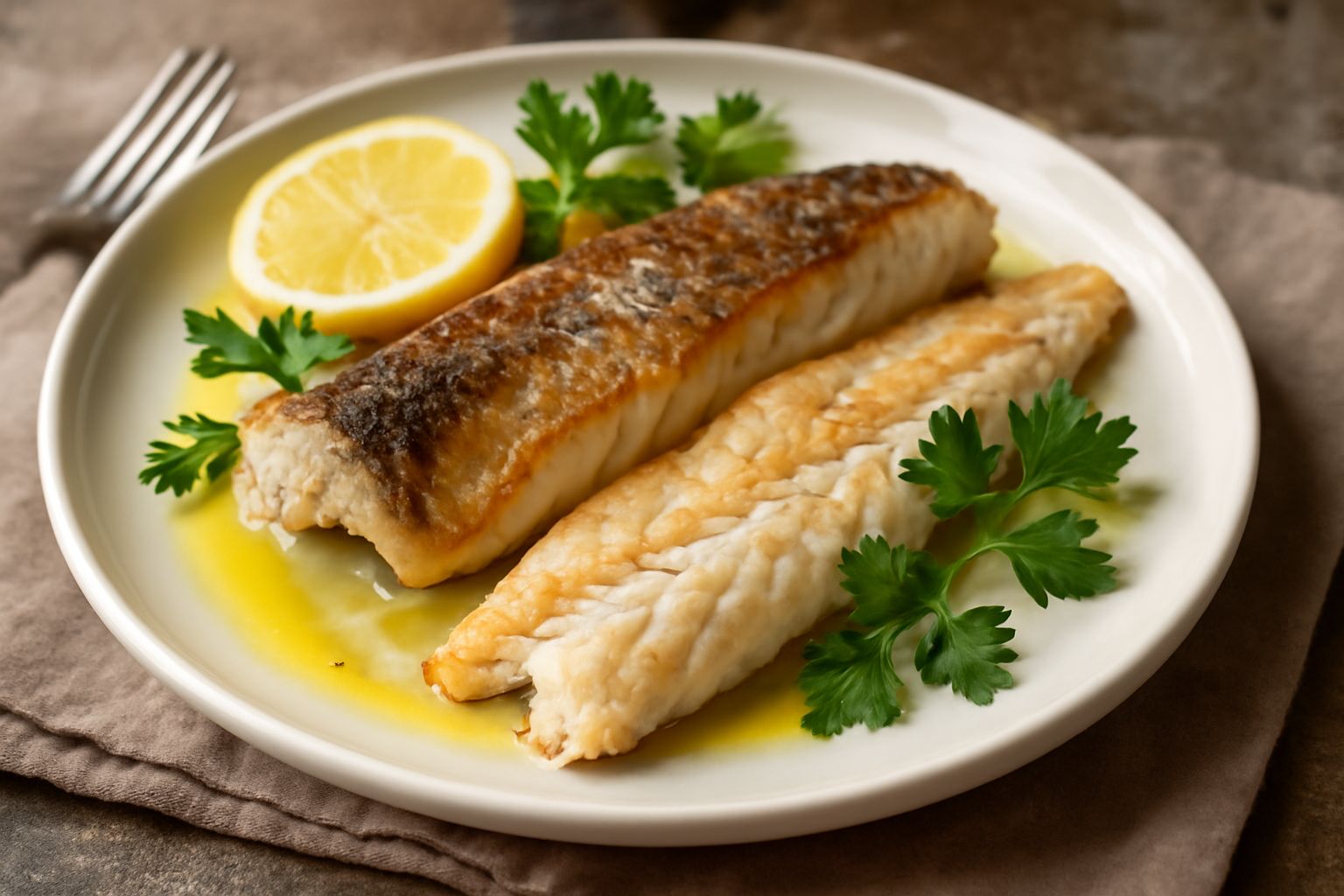 Pesce persico intero dorato al forno su un piatto bianco, contornato da fette di limone fresco, rametti di prezzemolo e rosmarino, con olio d'oliva che risplende sulla pelle