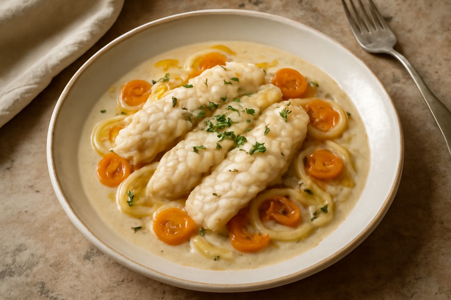 Filetto di pesce persico cotto al vino bianco, adagiato nel sugo biancheggiante con fettine di limone, accompagnato da verdure appassite e salsa lucida nel piatto bianco, guarnito con prezzemolo fresc