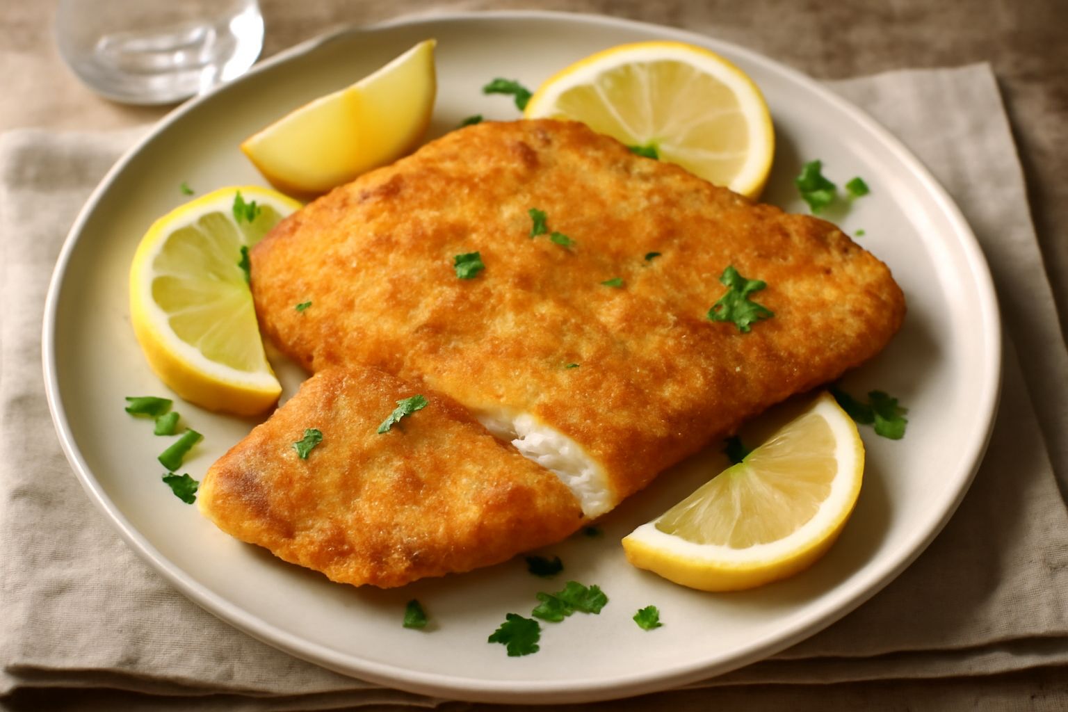 Filetto di pesce persico dorato e croccante, servito su piatto bianco con contorno di limone fresco e prezzemolo, superficie lucida dal burro di cottura