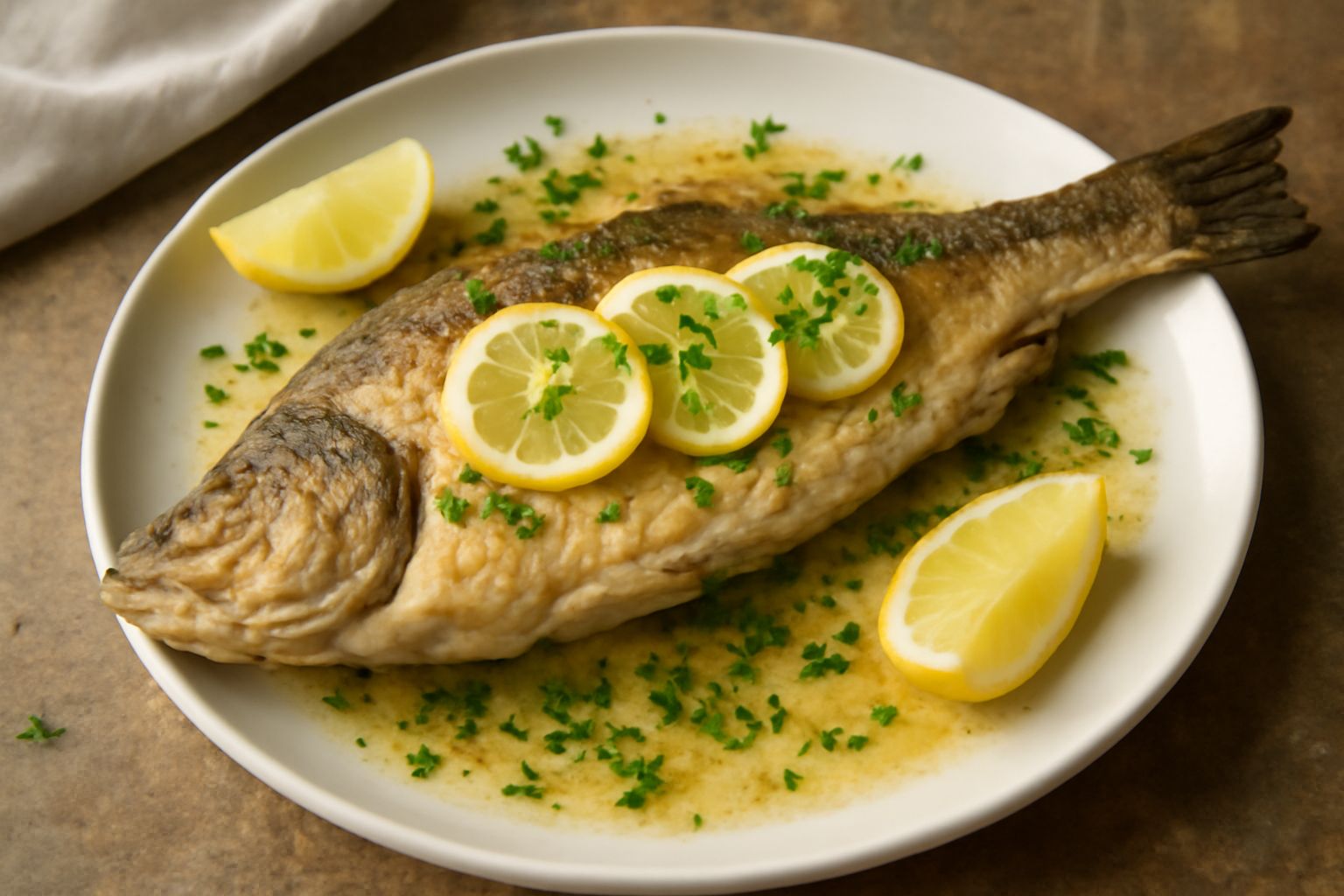 Pesce persico intero dorato e croccante in un piatto bianco, condito con burro schiumoso, fettine di limone giallo e prezzemolo verde fresco