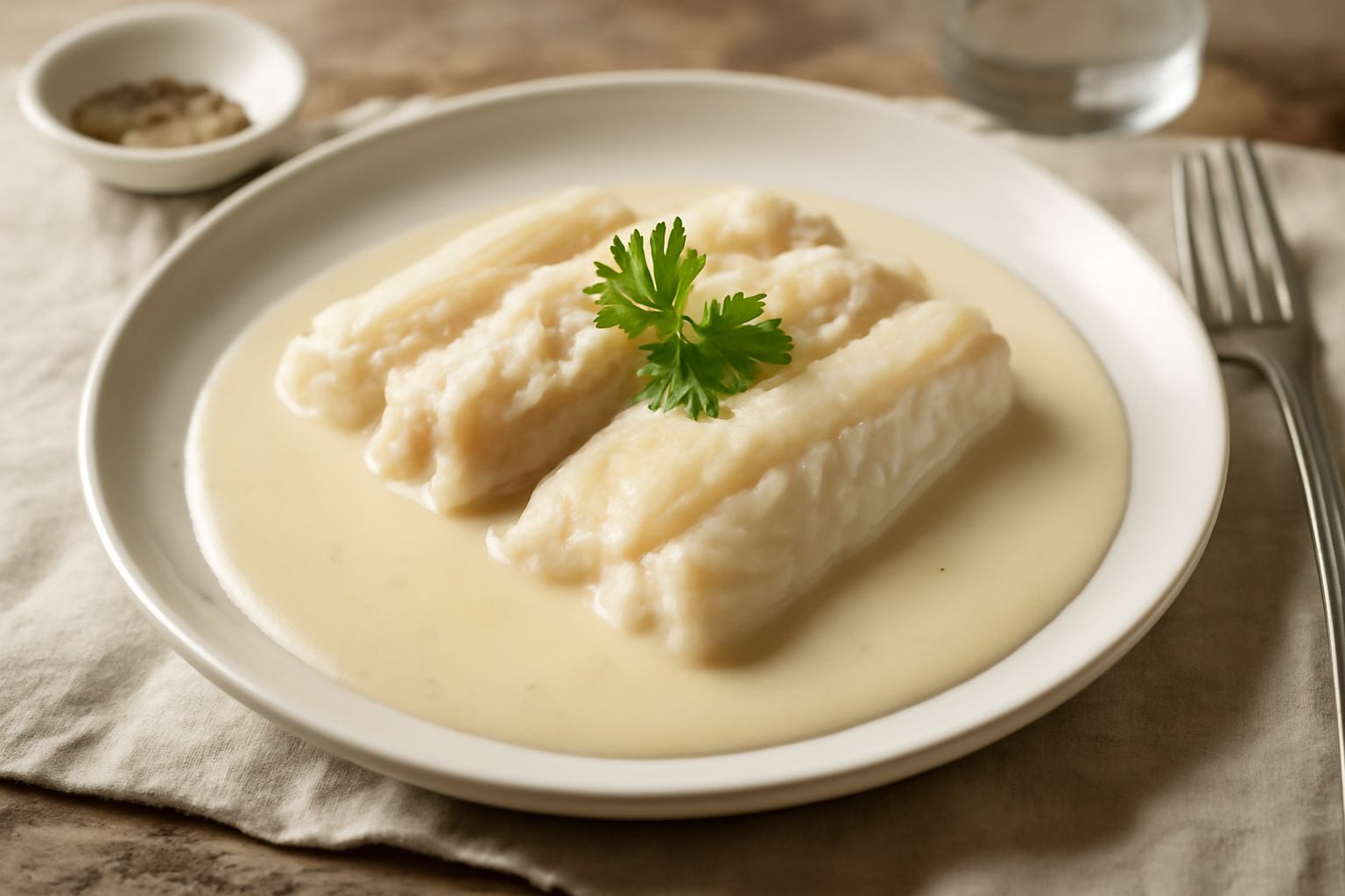 Filetti di pesce persico bianco-trasparente in salsa panna con riflessi dorati, guarniti con prezzemolo verde e fetta di limone giallo, impiattati in un piatto bianco fondo con contorno di riso o pata