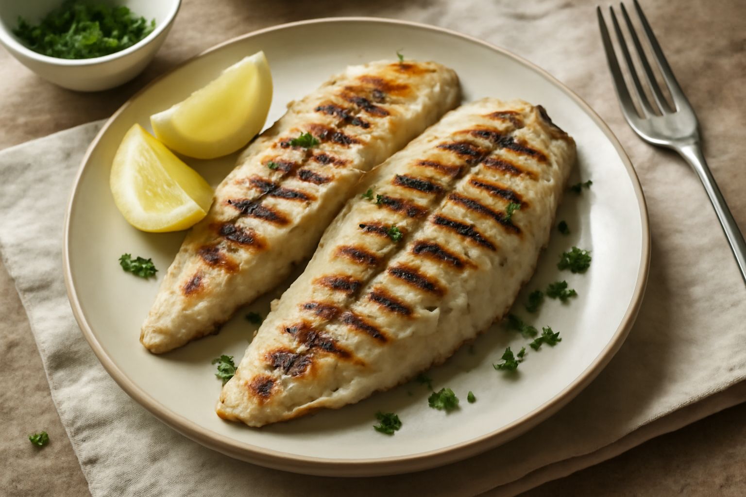 Filetti di pesce persico dorati sulla piastra calda, con tracce di cottura, contornati da fette di limone fresco e erbe aromatiche verdi, serviti su un piatto bianco minimale