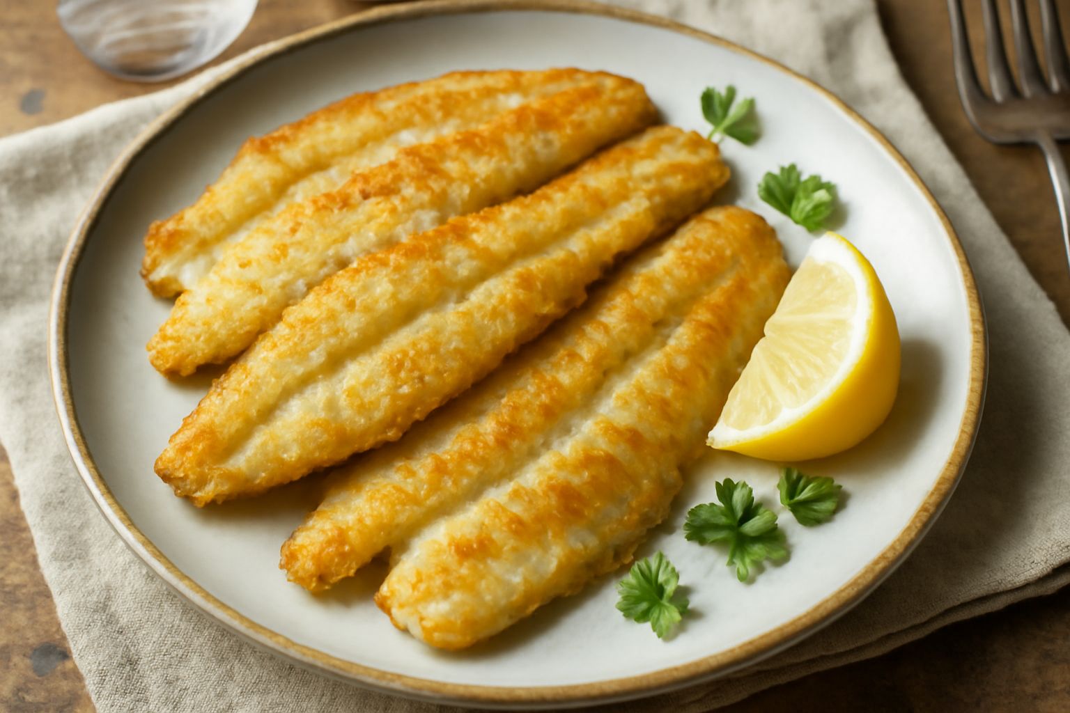 Filetti di pesce persico dorati e croccanti disposti su un piatto bianco, guarniti con fette di limone fresco e prezzemolo tritato, contorno di patate al forno sfumate