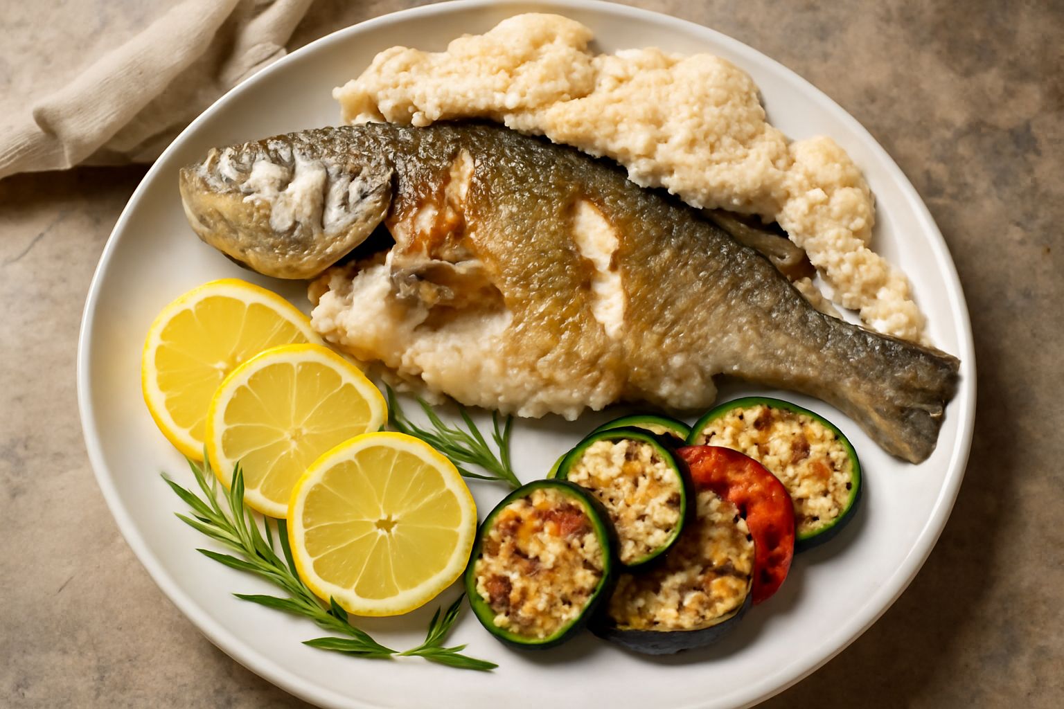 Pesce persico intero dorato con crosta di sale bianca screpolata, adagiato su piatto bianco con spicchi di limone, rosmarino e contorno di verdure grigliate