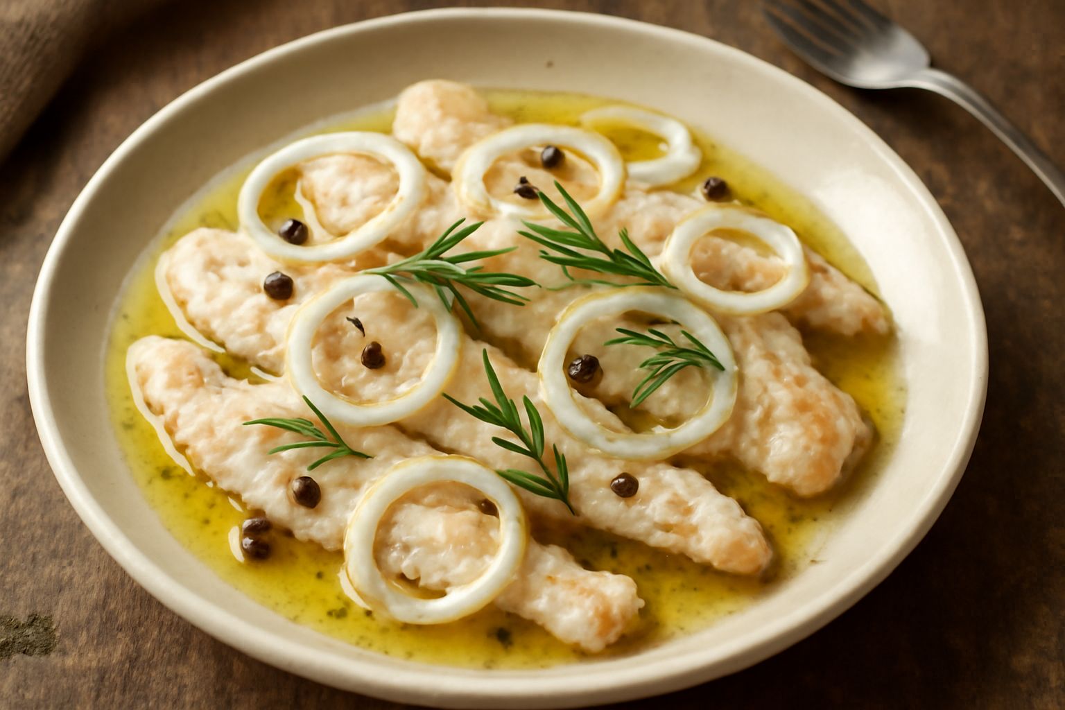 Filetti di pesce persico su piatto bianco, ricoperti di olio, aceto e spezie, decorati con fettine di cipolla sottile e rosmarino fresco
