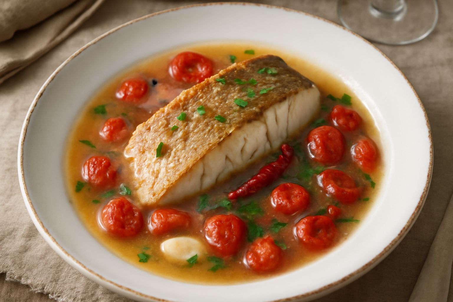 Pesce persico intero o in filetti in una padella larga con brodo trasparente e pomodorini rossi, aglio e prezzemolo verde, vapore che sale dal piatto