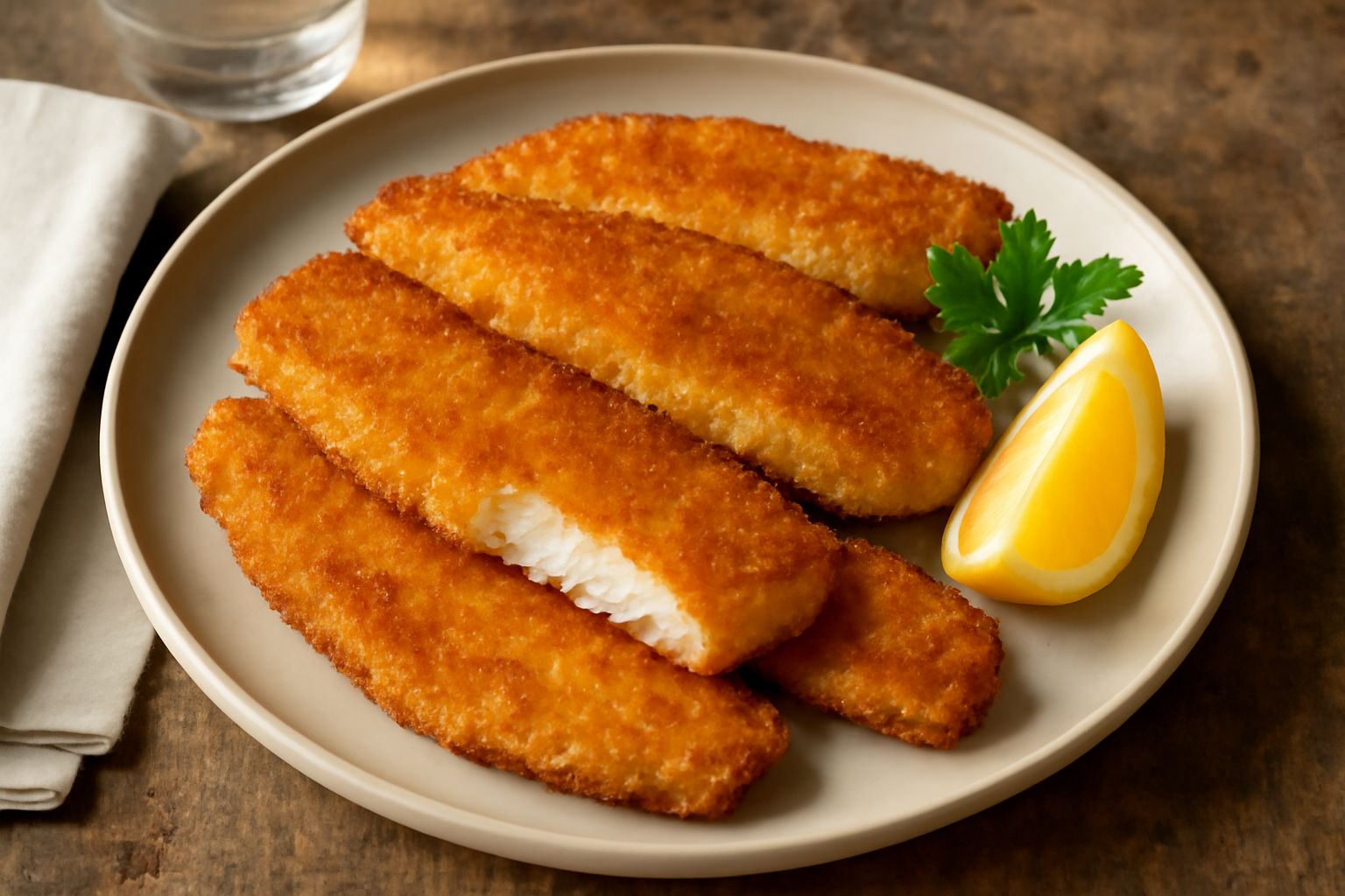 Filetti di pesce persico dorati e croccanti disposti su un piatto bianco con spicchi di limone fresco e prezzemolo, crosta di panatura visibile e brillante