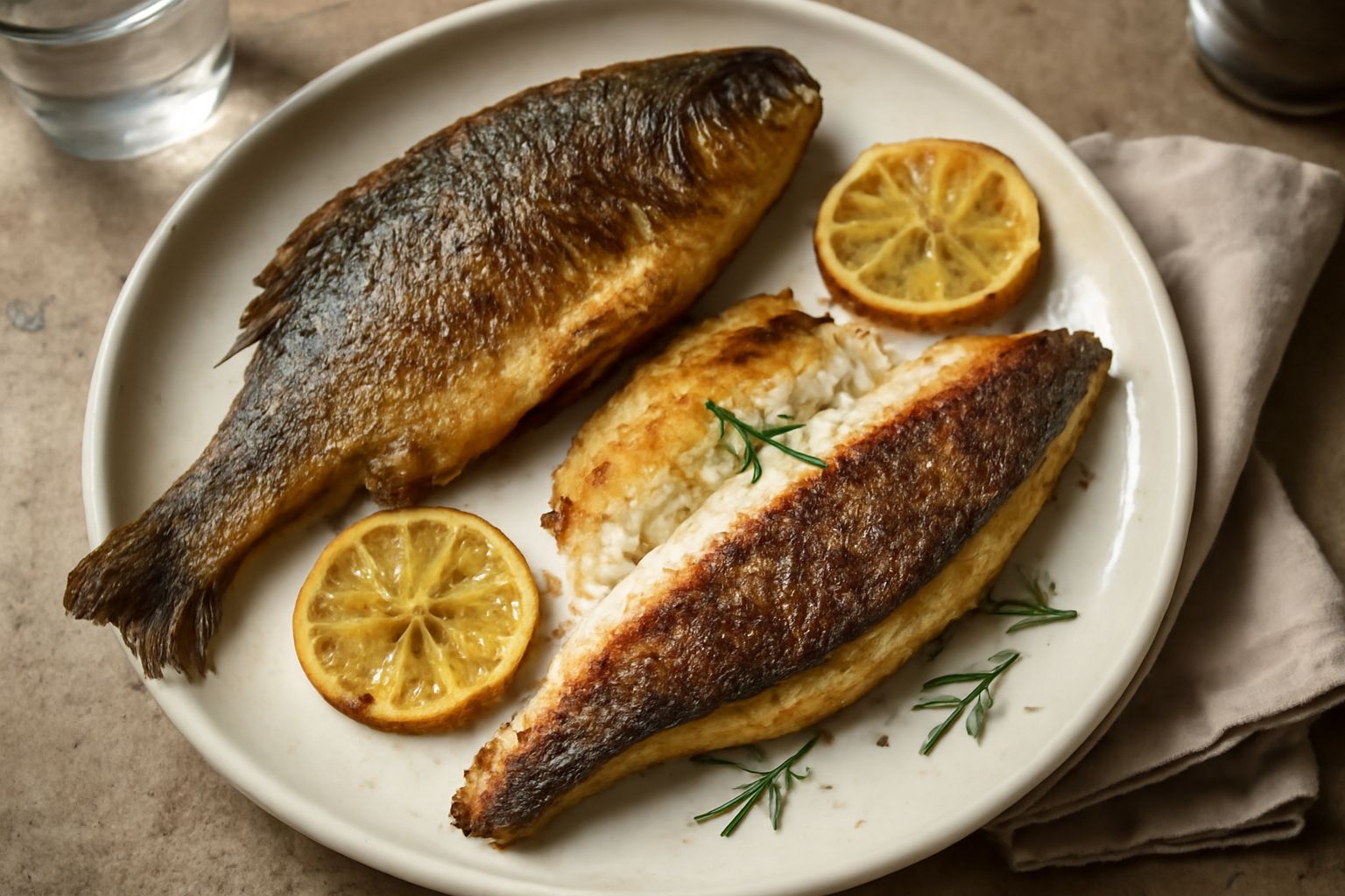 Pesce persico intero arrostito in forno, dorato e croccante, condito con olio e limone, circondat o da fette di limone e rosmarino fresco su piatto bianco
