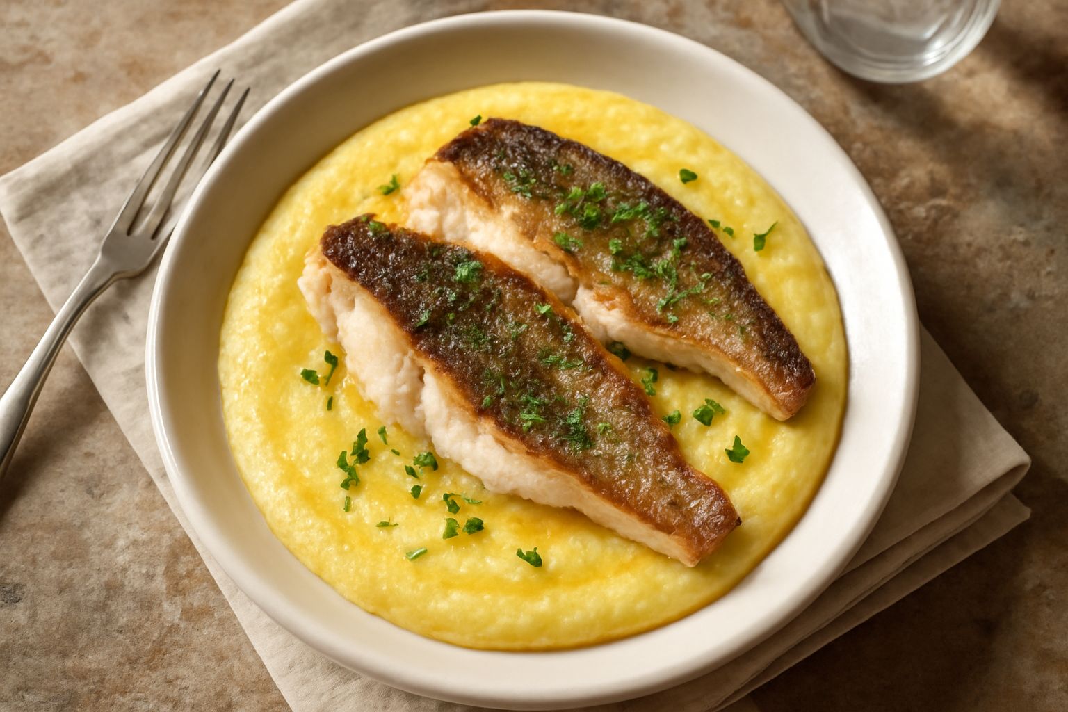Piatto bianco con filetti di pesce persico dorato e croccante posati su un letto di polenta cremosa gialla, guarnito con prezzemolo fresco e una noce di burro che fonde sulla superficie