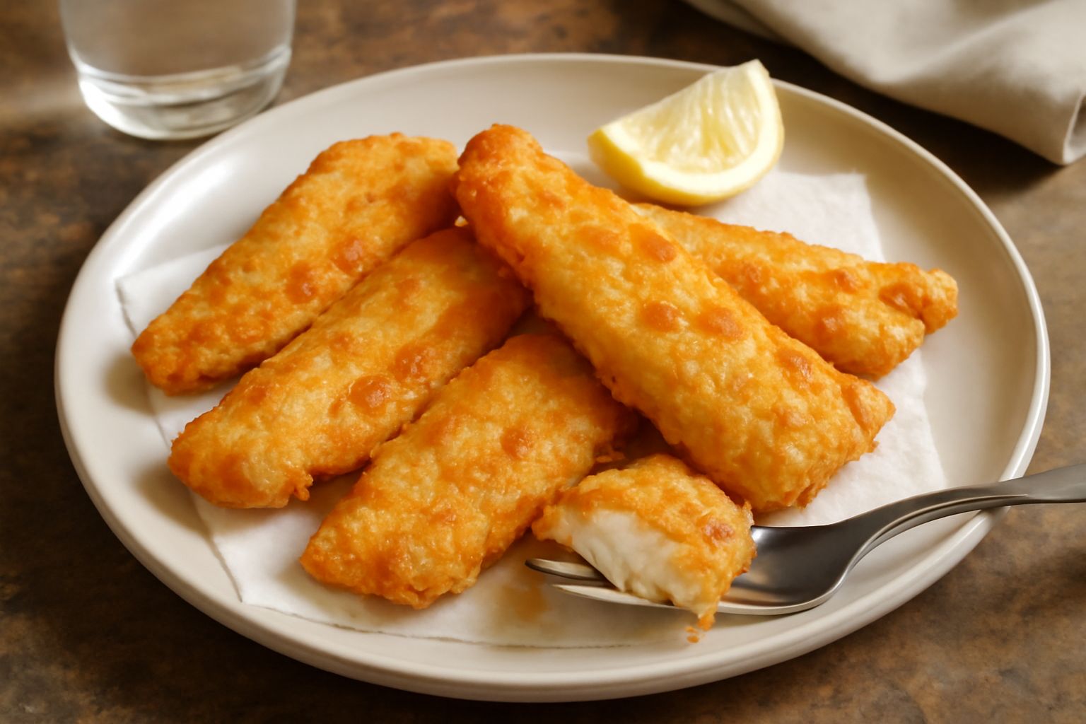 Filetti di pesce persico fritti dorati e croccanti disposti su carta assorbente bianca, con limone fresco a spicchi e una ciotola di sale marino sul lato