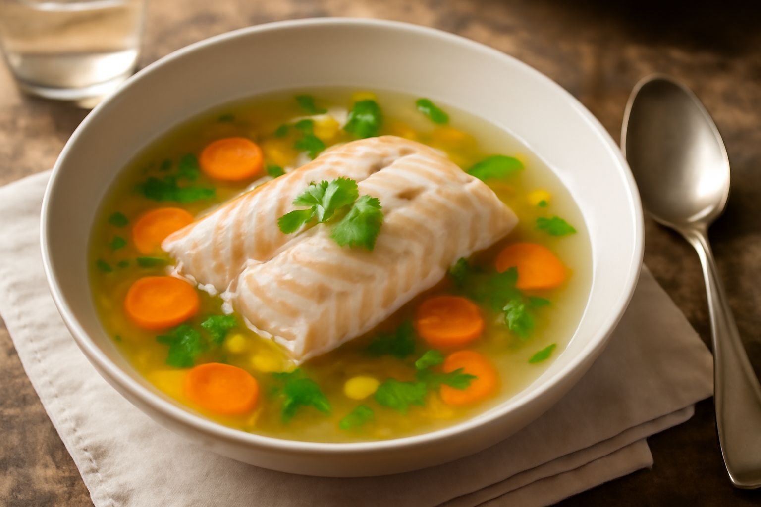 Una ciotola di ceramica bianca con pesce persico intero in brodo chiaro, accompagnato da carota, sedano e prezzemolo fresco, con limone a fette sul bordo