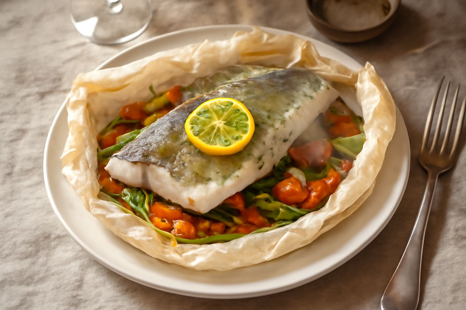 Filetto di pesce persico intero in cartoccio aperta, ripieno di limone e prezzemolo, vapore caldo che fuoriesce, forno sullo sfondo