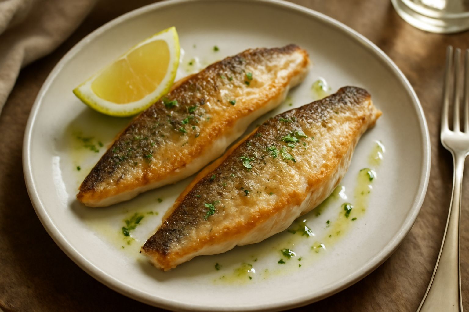 Due filetti di pesce persico dorati in una padella antiaderente con contorno di limone fresco tagliato, prezzemolo verde e gocce di olio extravergine lucido.