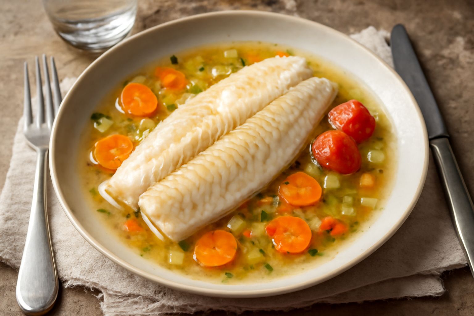 Piatto bianco con pesce persico cotto in umido, accompagnato da carote affettate, sedano e pomodorini, immerso in brodo trasparente, guarnito con prezzemolo fresco verde