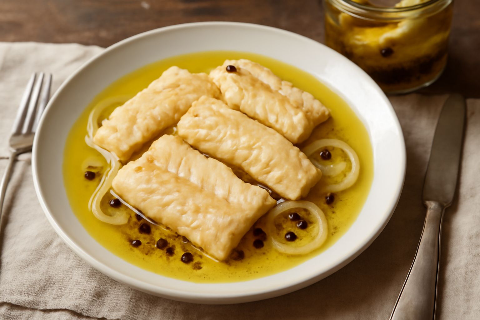 Barattolo di vetro con pesce persico lessato sott'olio, filetti bianchi e teneri ricoperti da olio dorato, foglie di alloro e pepe nero in grani visibili, sfondo bianco e ripiano di legno naturale
