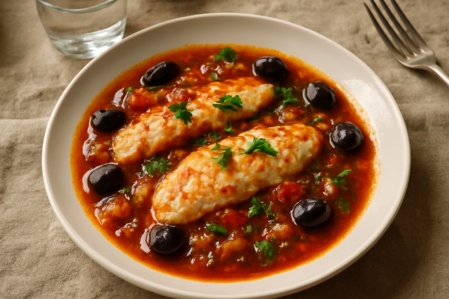 Piatto di pesce povero in umido con filetti bianchi teneri in brodo di pomodoro rosso scuro, verdure soffritte, olive scure e prezzemolo fresco, servito in ciotola bianca fonda