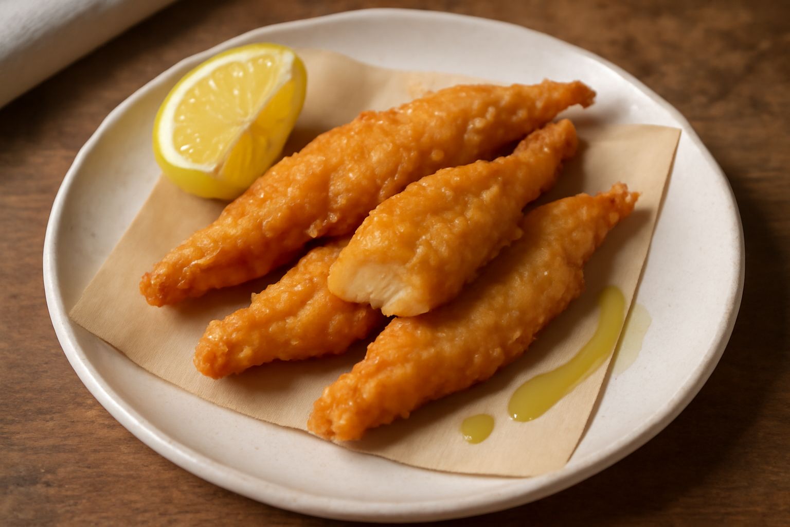 Filetti di pesce prete fritti, dorati e croccanti, disposti su carta assorbente bianca con una fetta di limone e prezzemolo fresco tritato, in un piatto bianco