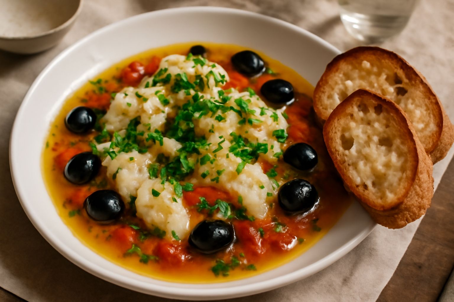 Piatto bianco con pesce salato cotto in umido, ricoperto da pomodori a dadini rossi, olive nere e prezzemolo fresco, accanto una fetta di pane tostato e un limone a spicchi
