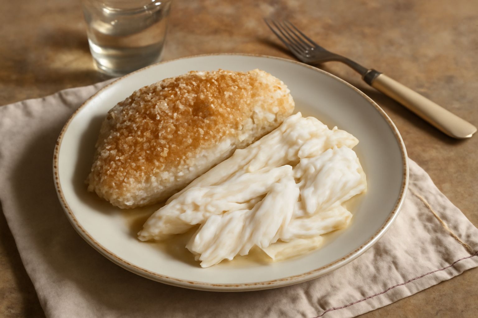 Piatto bianco con filetti di pesce salato dissalato e ammorbidito, affiancati da fette di pane tostato, prezzemolo fresco e gocce di olio di oliva