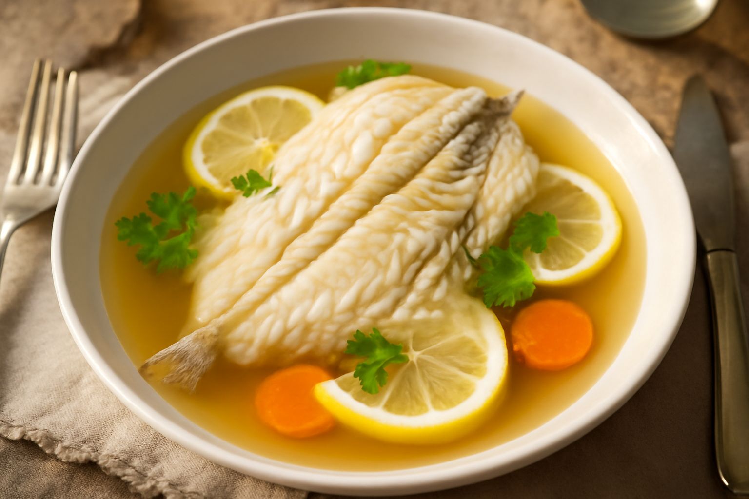 Un piatto fondo bianco con un pesce san Pietro intero bollito, circondato da brodo trasparente, con rondelle di limone, prezzemolo fresco e un cucchiaio di legno accanto