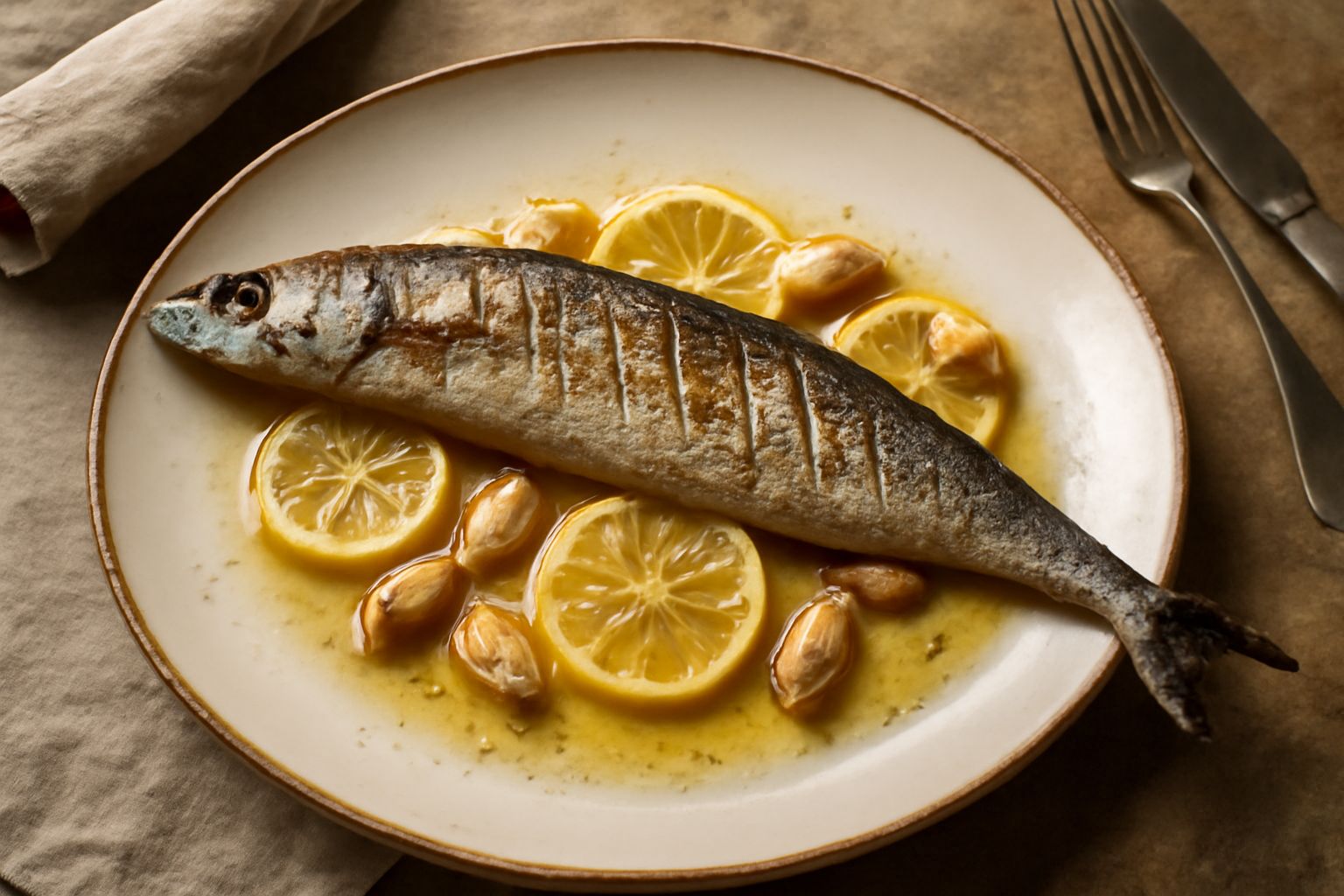 Pesce sciabola intero arrostito in teglia, dorato e croccante, con limone fresco, aglio, prezzemolo verde e fettine di limone attorno, su piatto bianco
